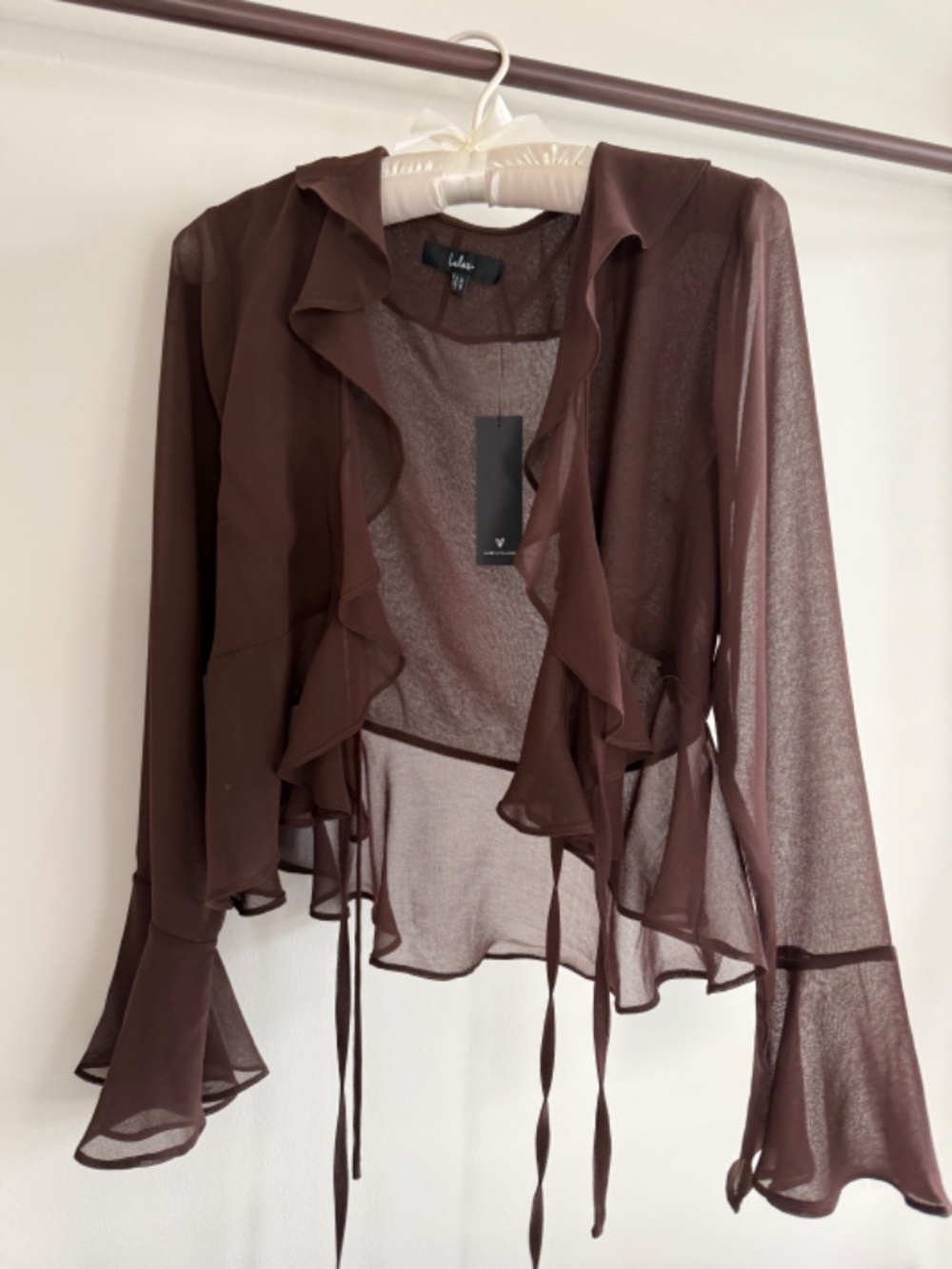 Lulus Thriving Flirt Brown Chiffon Ruffled Long Sleeve Tie-front Top - XS NWT
